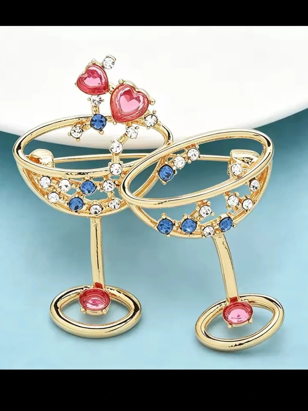 Cocktail Champagne Glass Pair Pink Blue Gems Brooch